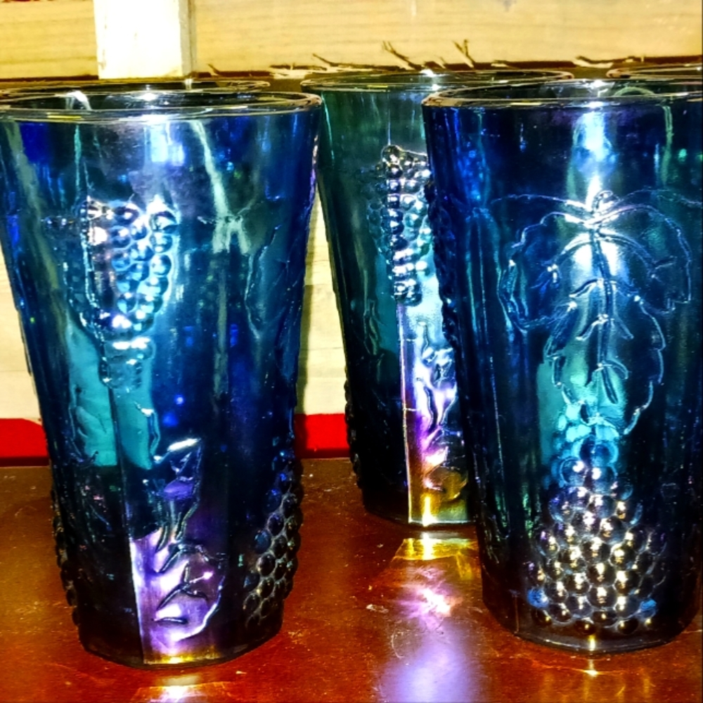 Indian blue vintage carnival glass tumblers. 8 total for sale